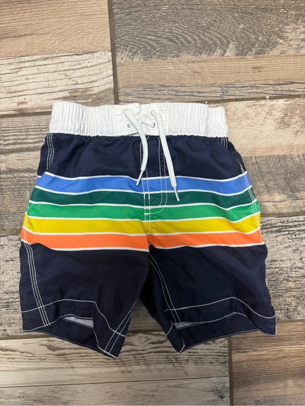 GAP Navy Swim Trunks with Bright Rainbow Stripes